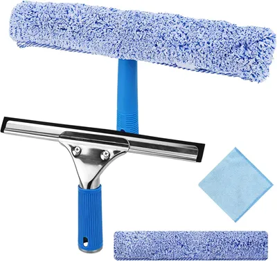 Imagen del producto de Kit de limpieza para ventanas 2 en 1, con acero inoxidable y microfibra, ideal para baños, duchas, cristales, espejos y automóviles