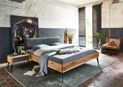 Produktbild von Bett Solrod 140x200 cm Wildeiche Lederkopfteil Anthrazit Metallbeine
