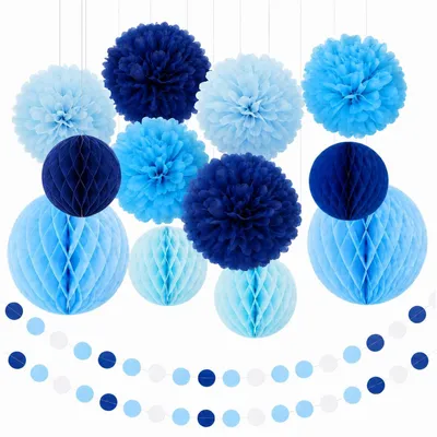 Productafbeelding van Feestdecoratieset, 14 stuks, blauw en wit: pompons, honingraatballen, guirlande
