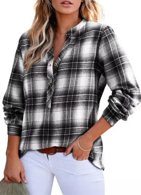 Produktbild von ASKSA Damen Bluse Kariertes V-Ausschnitt Longbluse Casual Knoepfen Langarm Flanellhemd Karohemd Oberteile (Schwarz,L)
