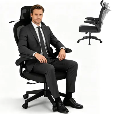 Obrázek produktu pro UISEBRT Ergonomická kancelářská židle, černá, síťovaná židle s věšákem na oblečení, 2D bederní opěrka, sklon 125°, výškově nastavitelná židle pro domácí kancelář s nosností až 150 kg