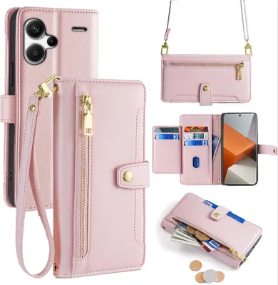 Produktbild von Handykette Xiaomi Hülle mit Band Handyhülle Kartenfächer Kunstleder Umhängetasche Redmi Note 13 Pro+ 5G Rosa