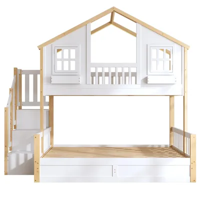 Produktbild von Flieks Hydraulisches Etagenbett 90x200cm/140x200cm mit Led, Kinderbett Hausbett mit Fenster, Kinder Hochbett mit Stauraumtreppe, Naturbelassen