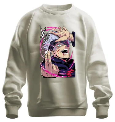 Productafbeelding van Jujutsu Kaisen, Gojo, wit haar, oogmasker, energiecirkel, anime, uni sweatshirt, trui, natuur, maat XL