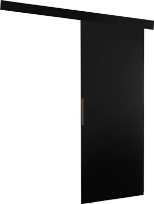 A black sliding door with a handle, mounted on a track.