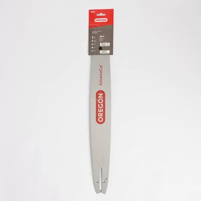 A chainsaw bar in its packaging, presented against a white background.