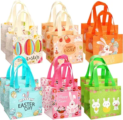 Productafbeelding van Paasgeschenktassen van stof, 6 verschillende designs, 12 stuks, 20 x 15 x 21 cm