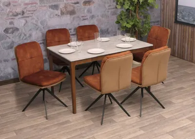 Produktbild von 6er-Set Esszimmerstuhl HWC-M68, Küchenstuhl Lehnstuhl, drehbar Auto-Position, Metall Stoff/Textil  braun