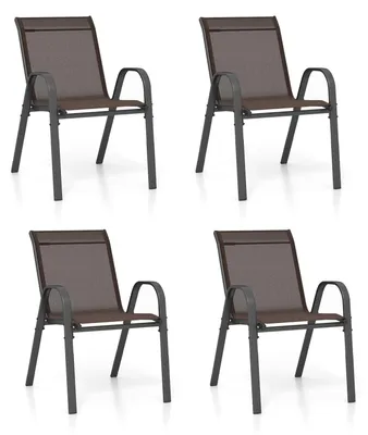 Productafbeelding van Set van 2/4 stapelbare tuinstoelen, met stoffen zitting en metalen frame. Eetkamerstoel met armleuningen en hoge rugleuning, belastbaar tot 150 kg, afmetingen 56 x 70 x 84 cm