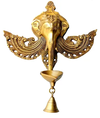 Ganesha Öllampe aus Messing, Wandhängung, 27,5 cm