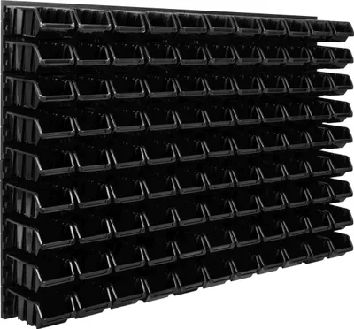 Obrázek produktu pro Skladovací systém Dílenské regály | 115 x 78 cm | 99 ks. Box | Nástěnný regál se stohovatelnými boxy – Nástěnné desky Extra silné regály s přihrádkami Nástěnné regály pro nářadí Skladové regály Garážové regály