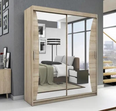 Produktbild von Schwebetürenschrank, 2-türig Schrank mit Spiegel! Moderne Garderobe für Kleidung. Verschiedene Farben (Weiß, Schwarz, Somona) Kleiderschrank NIKO 180 cm