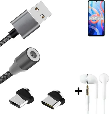 Produktbild von K-S-Trade® Hochwertiges Magnet-Lade-kabel Sync-Kabel Daten-Kabel + Kopfhörer kompatibel mit Xiaomi Redmi Note 11 mit USB-Typ-C-Anschluss und