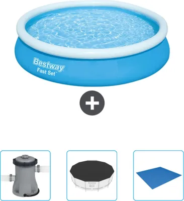 Produktbild von Bestway runder aufblasbarer Fast-Set-Pool – 366 x 76 cm – Blau – im Lieferumfang enthalten Pumpe - Abdeckung - Bodenplane