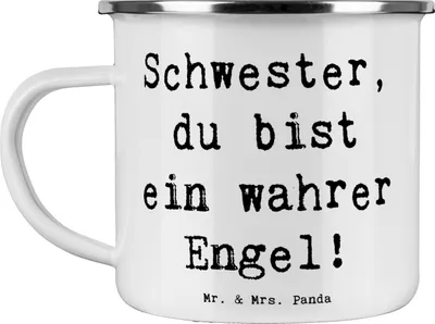 Produktbild von Mr. & Mrs. Panda Teebecher Spruch Schwester Engel - Weiß - Geschenk, Dankbarkeit, Emaille Becher, Dankeschön, Danke, sagen, liebe, Pott, Tasse, Teetasse, Besonderes