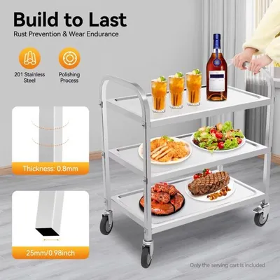 Immagine prodotto di Carrello da cucina in acciaio inossidabile con 3 ripiani, ruote e dimensioni di 75x40x83,5 cm, di colore argento
