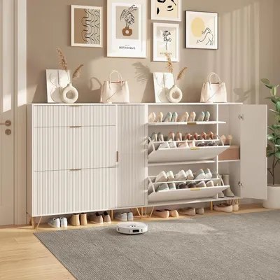 Zdjęcie produktu dla Szafka na buty, biała, z 2 drzwiczkami, 3 półkami, 2 drzwiami, wąska, głębokość 24 cm