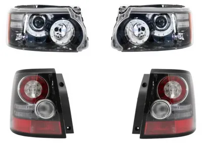 Imagen del producto de Faros delanteros para vehículos deportivos L320, modelos 2009-2013, con tecnología Bi-Xenon, luces LED diurnas (DRL) y diseño de faros traseros tipo "facelift".