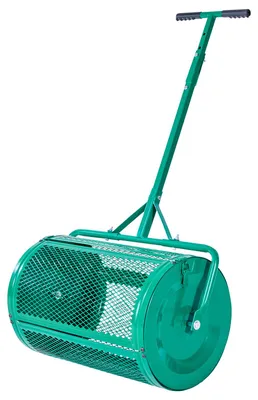 Immagine prodotto di Spargisemi SucceBuy con larghezza di 67 cm, versatile spargicompost con maniglia a scorrimento e da traino, spargitore di torba e muschio regolabile in altezza per il giardino, robusto spargisemi per erba per piantare e seminare