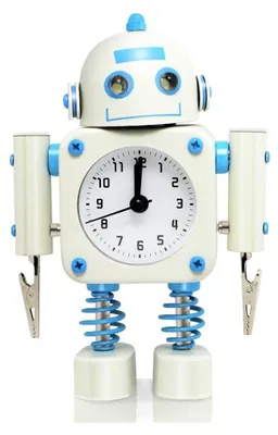 Obrázek produktu pro Tichý robotický budík Betus z nerezové oceli - budík s blikajícími očky a klipem na ruku (bílý)