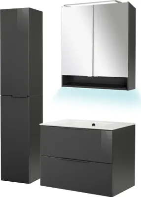 Produktbild von Fackelmann LUNA Badmöbel Set 5-teilig, 80 cm breit, Anthrazit, Keramik+Spiegelschrank+Hochschrank