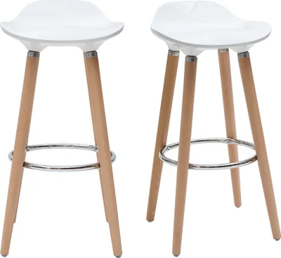 Two white bar stools with wooden legs are shown against a white background.