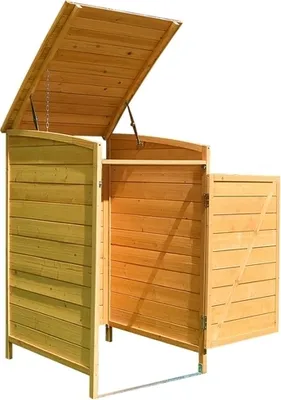 A wooden trash bin enclosure with the lid open.