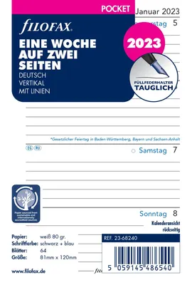 Produktbild von Filofax Kalendereinlage Pocket: Eine Woche auf zwei Seiten 2023 deutsch vertikal mit Linien