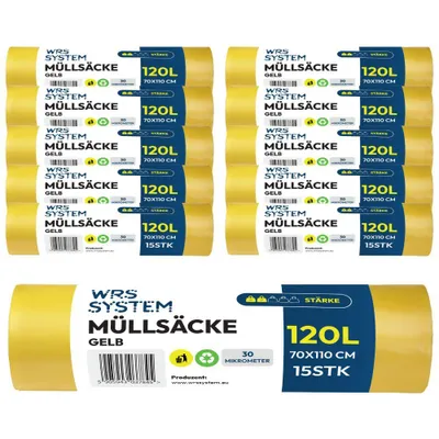Produktbild von WRS System 10er Set Gelber Sack Müllsäcke 120L 10x15 Stk. Hochleistungs Müllbeutel Mülltüte - Gelb - Kunststoffe, Plastik und Metalle