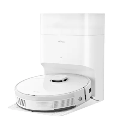 A white robot vacuum cleaner docked in its charging station.