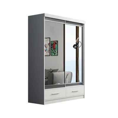 Obrázek produktu pro Skříň s posuvnými dveřmi 150 cm se zrcadly a dvěma zásuvkami, šatní skříň se 2 posuvnými dveřmi, dodání až do bytu (barva: bílá)