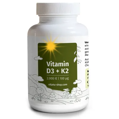 Produktbild von Vitamin D3 + K2 - 2000 I.E. Vitamin D3 mit 100μg Vitamin K2 als All-Trans K2 MK7 - 180 vegetarische Tabletten