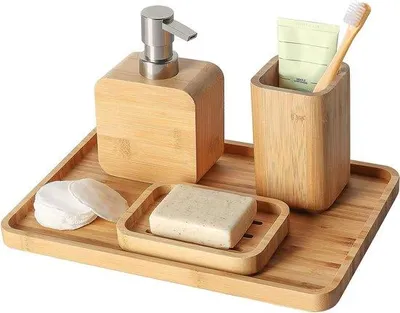 Produktbild von Bambus-Dusch- und Badzubehör-Kit, 4-teiliges Badezubehör-Set, Seifenschnur, Duschgel- und Körperölspender, Mundwasserpaket, Waschbecher, Organisationstalki für das Bad.