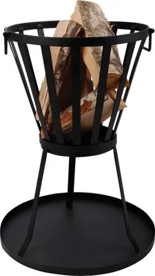 A black metal fire pit with logs inside, placed on a black circular base.