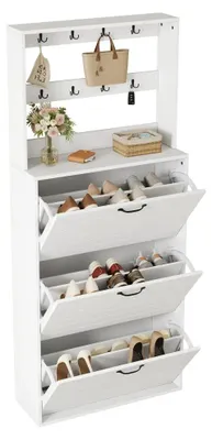 Immagine prodotto di Armadio per scarpe - Scaffale per scarpe con 3 ante - Capacità per 15 paia di scarpe - Ganci - Materiale: legno - Design salvaspazio - Colore: bianco