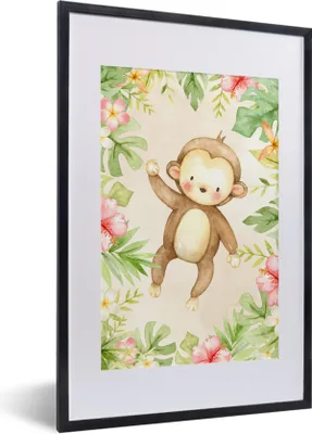 Produktbild von MuchoWow® MuchoWow® Gerahmtes Poster Affe - Blumen - Pflanzen - Dschungel 40x60 cm - Poster mit zchwarzem Bilderrahmen - Poster in Rahmen