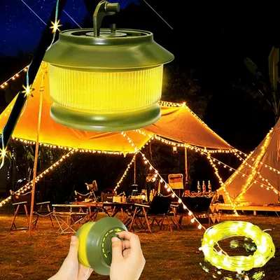 Produktbild von Camping Lichterkette, Tragbare LED Lichterkette 20m, 350 Lumen, 5 Beleuchtungsmodi, Wasserdichte Tragbare Verstaubare Wiederaufladbare LED Lichterkett