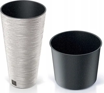 Two plant pots are shown against a white background. One is a tall, textured white pot, and the other is a shorter, dark gray pot.