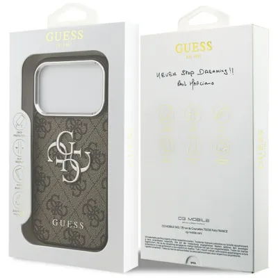 Obrázek produktu pro GUESS pouzdro passend für IPHONE 17 Pro GUHCP17LP4G4SMCW (4GPolyuretankožené pouzdro s velkým 4G a klasickým logem a stříbrným kovovým rámečkem fotoaparátu) hnědé
