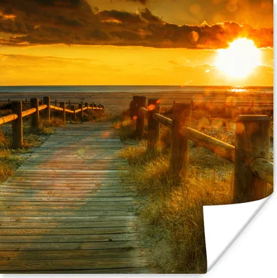 Produktbild von MuchoWow® Poster Sonne - Strand - Düne - Horizont - Gras - Weg - Orange 75x75 cm - Wand Dekoration
