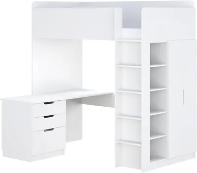 Produktbild von Shefa Kids Modernes Hochbett mit Kleiderschrank, Schreibtisch und Regal - 90 x 200 cm Liegefläche - Platzsparende Kinder Etagenbett - Weiß