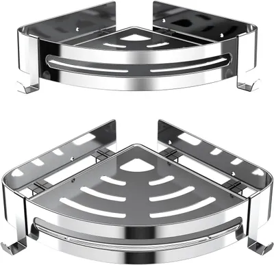Produktbild von Eckregal aus Edelstahl mit 4 Haken, bohrfrei, für Bad und Küche, 2 Größen.