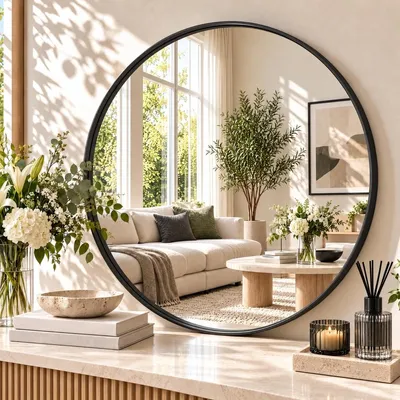 Image de Miroir rond - 80 x 80 cm - Cadre noir - Verre trempé - Salle de bain