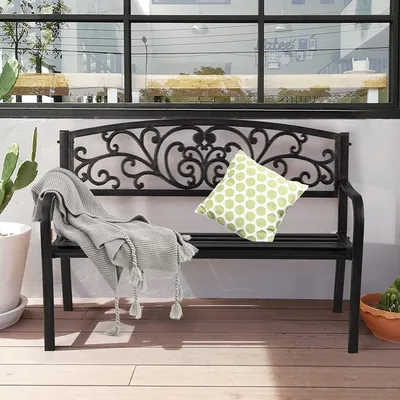 Produktbild von Gartenbank Metall, Garten Sitzbank Outdoor, Eisenbank für 2-3 Sitzer, Sitzbank mit Armlehnen, Parkbank Gartenmöbel (Schwarz)