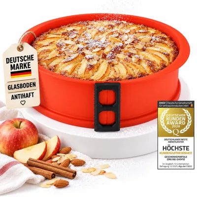 Produktbild von Silikon Springform Rot Ø 23 cm mit Thermo Glasplatte | Antihaft Kuchenform | Hitzebeständig bis 300°C & Spülmaschinenfest Backform