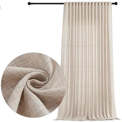 A beige linen-look curtain hanging from a black curtain rod, with a close-up inset showing the fabric texture.
