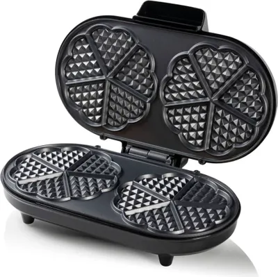 Produktbild von Bestron Doppel-Waffeleisen für klassische Herzwaffeln, Waffelmaker mit Backampel & Antihaftbeschichtung, 1.200 Watt, Farbe: Silber