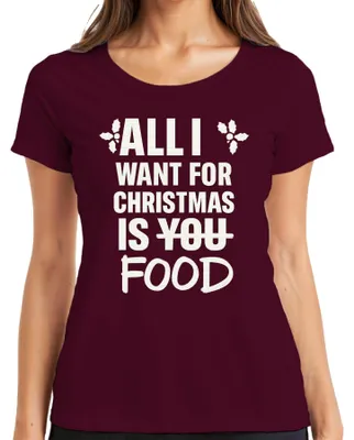 Productafbeelding van "Alles wat ik voor Kerst wil is eten" - Grappige kerstspreuk, dames T-shirt, bordeauxrood, maat 3XL