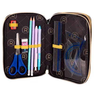 An open pencil case with various stationery items inside.