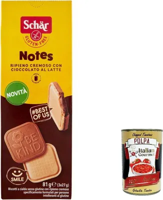 Produktbild von 6x SCHÄR Notes, Glutenfreier Kekse mit cremige Füllung mit Milchschokolade 81g + Itlaian gourmet polpa 400g
